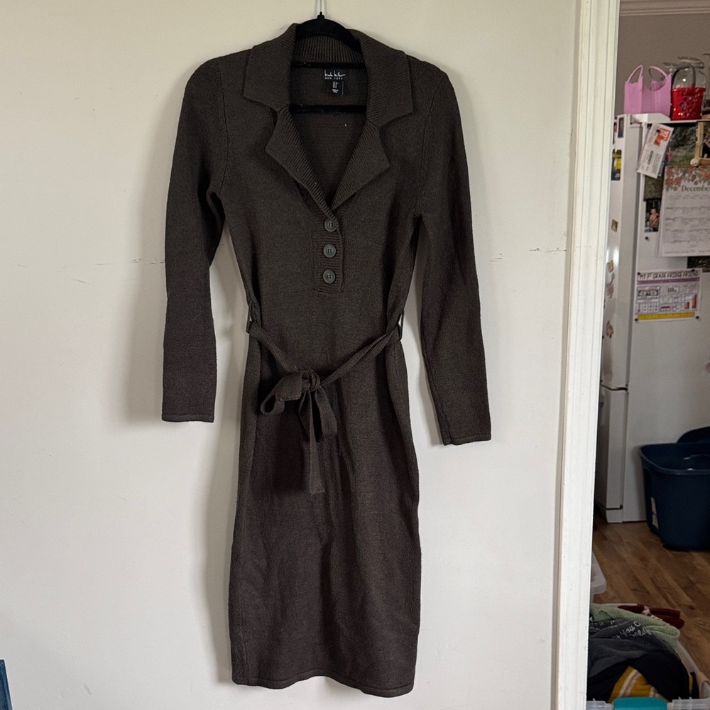 Nicole Miller Olive Sweater Dress Button Front Belted Fitted Small